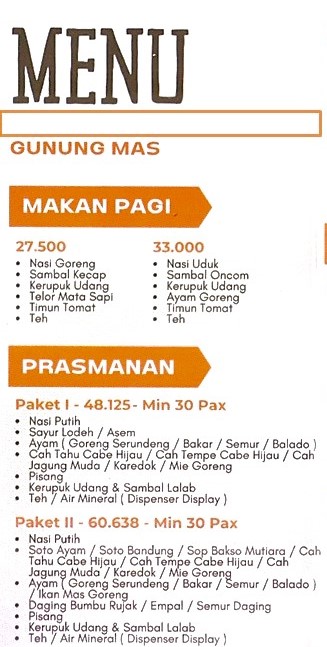 Paket Menu Pilihan FOOD MENU Gunung Mas